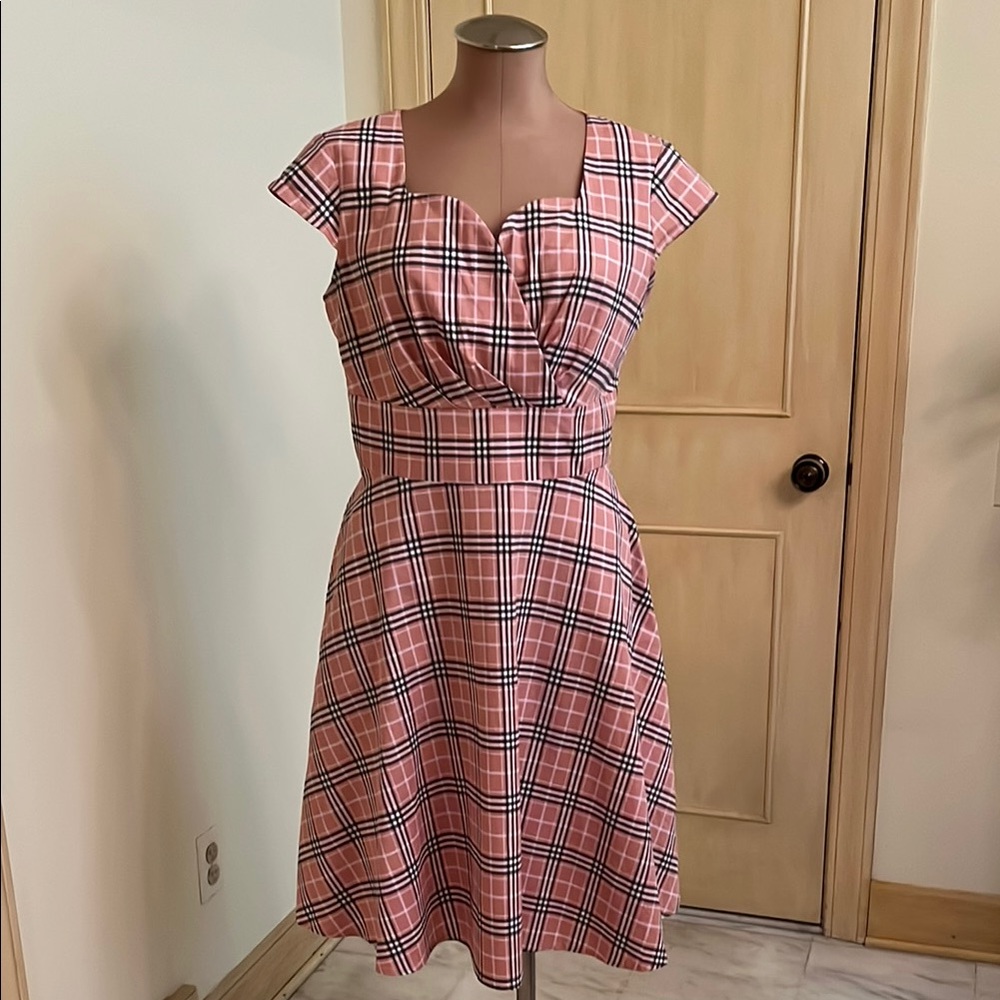NANPCEIRS Retro 50’s Sweetheart Cap SLV 2Pocket Pink Plaid Full Skirt Dress SZ L
